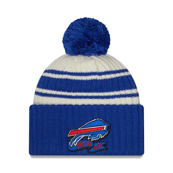 New Era Buffalo Bills '22 Sideline Sport Cream Royal Blue Cuffed Pom Knit Hat