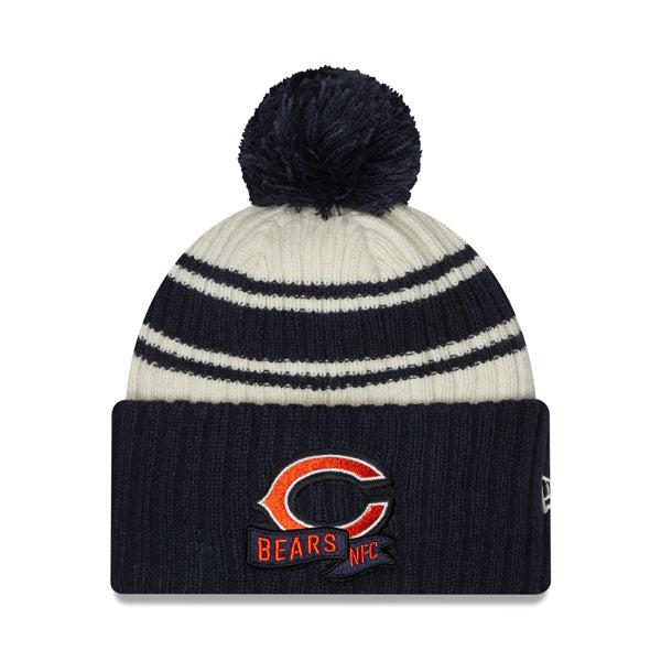 New Era Chicago Bears '22 Sideline Sport Cream Navy Blue Cuffed Pom Knit Hat