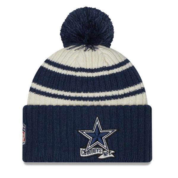 New Era Dallas Cowboys '22 Sideline Sport Cream Navy Blue Cuffed Pom Knit Hat
