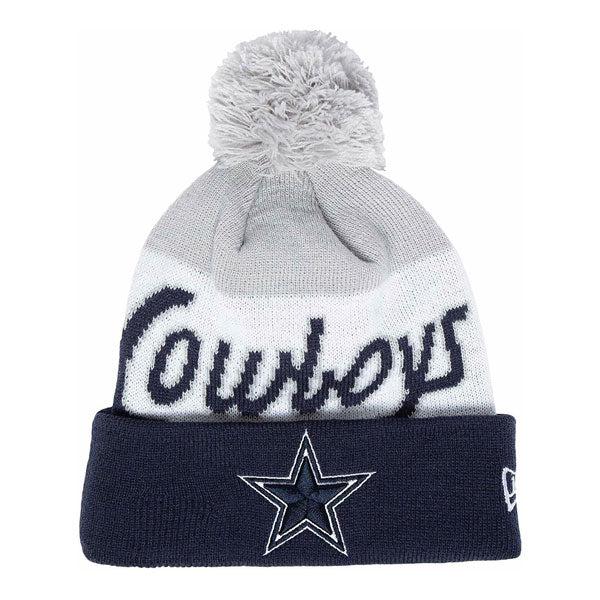 New Era Dallas Cowboys RETRO SCRIT Navy Blue White Gray Pom Cuffed Knit