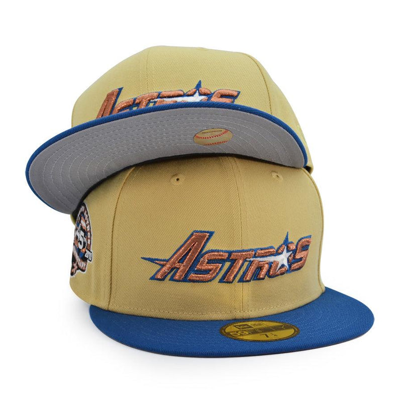 New Era Houston Astros Script 45 YRS Tan Khaki Blue 59Fifty 5950 Patch Fitted