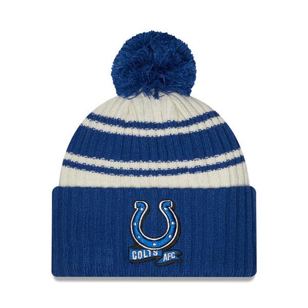 New Era Indianapolis Colts '22 Sideline Sport Cream Blue Cuffed Pom Knit Hat