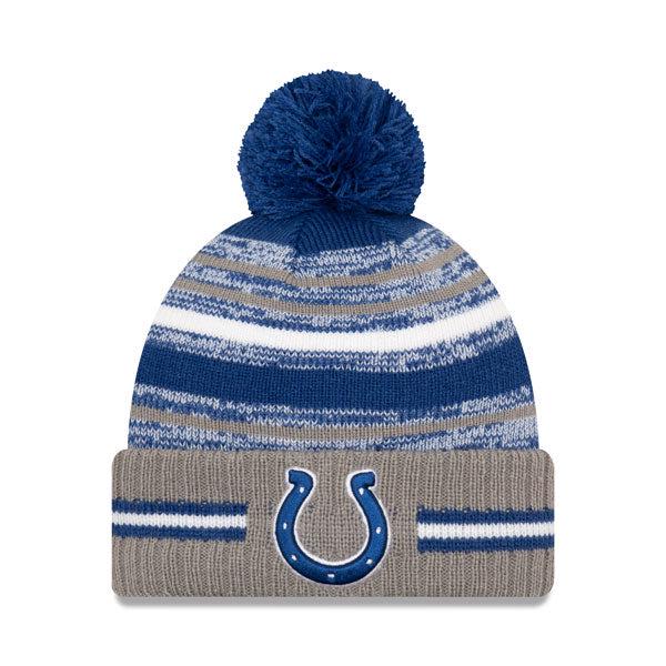 New Era Indianapolis Colts '21 NFL Blue Grey White Red Pom Cuffed Knit Hat