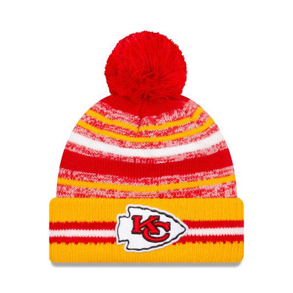 New Era Kansas City Chiefs '21 Official NFL Red Yellow White Pom Cuffed Knit Hat
