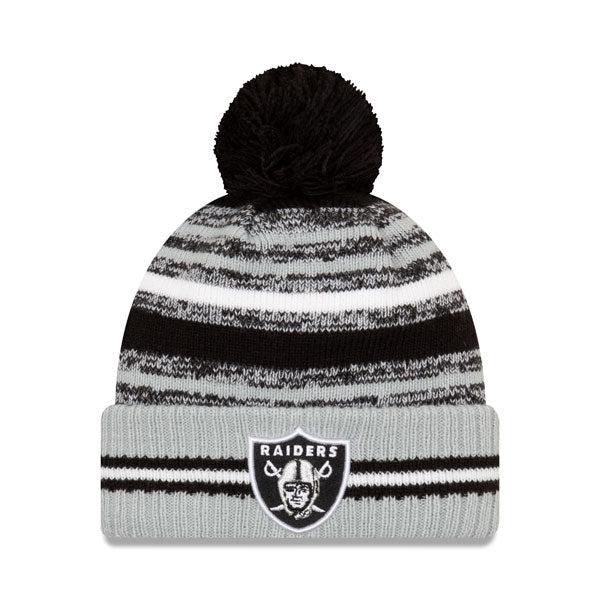 New Era Las Vegas Raiders '21 Official NFL Black White Gray Pom Cuffed Knit Hat