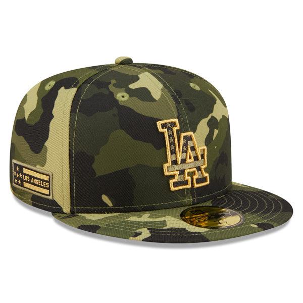 New Era LA Dodgers '22 Army Green Camo Brown Gold 59Fifty 5950 Patch Fitted Hat