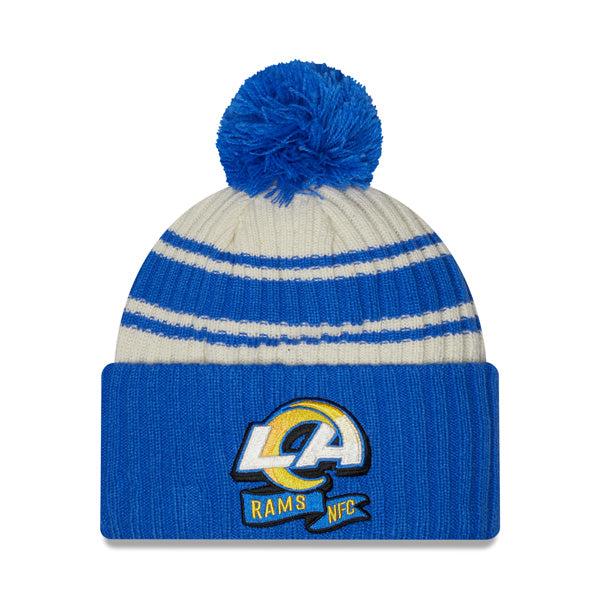 New Era LA Rams '22 Sideline Sport Cream Royal Blue Cuffed Pom Knit Hat