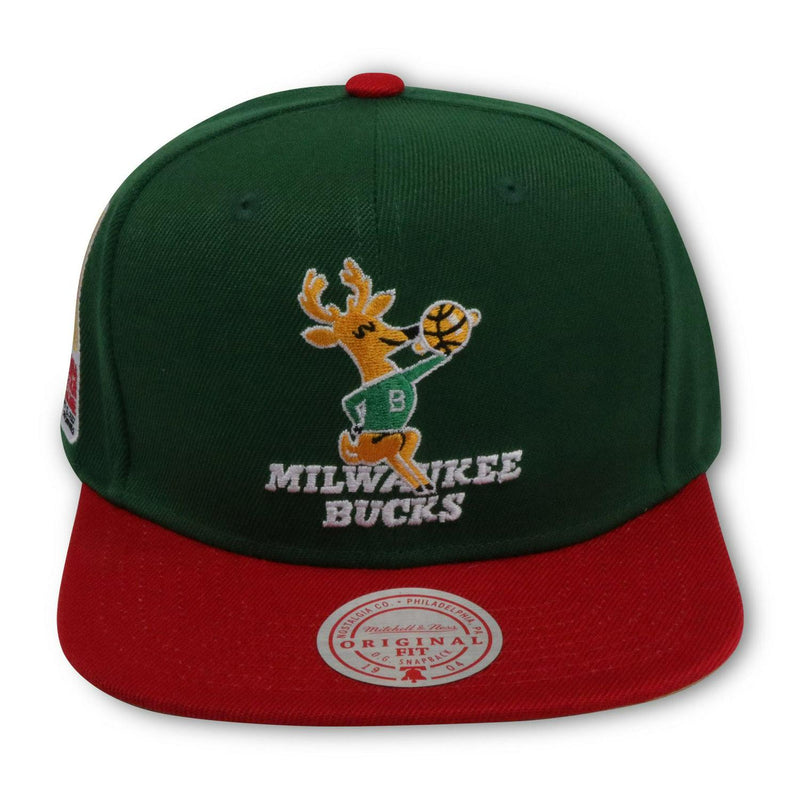 Mitchell And Ness MILWAUKEE BUCKS '77 ASG Green Red Beige Patch Snapback Cap Hat