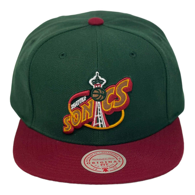 Mitchell And Ness SEATTLE SUPERSONICS Green Burgundy Yellow Patch Snapback Hat
