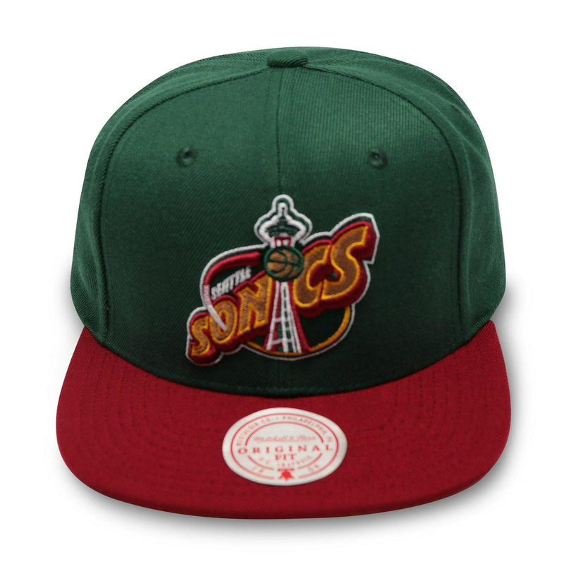 Mitchell And Ness SEATTLE SUPER SONICS Green Burgundy Yellow Patch Snapback Hat
