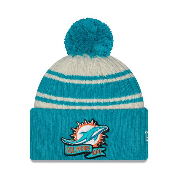 New Era Miami Dolphins '22 Sideline Sport Cream Aqua Blue Cuffed Pom Knit Hat