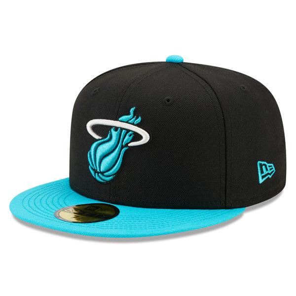 New Era Miami Heat AQUA BLUE HOOK Black White 59Fifty 5950 Patch Fitted Cap Hat