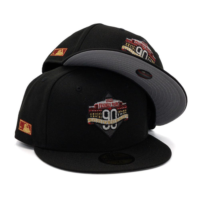 New Era Boston Red Sox 90th Anni Black Gray 59Fifty 5950 Patch Fitted Cap Hat