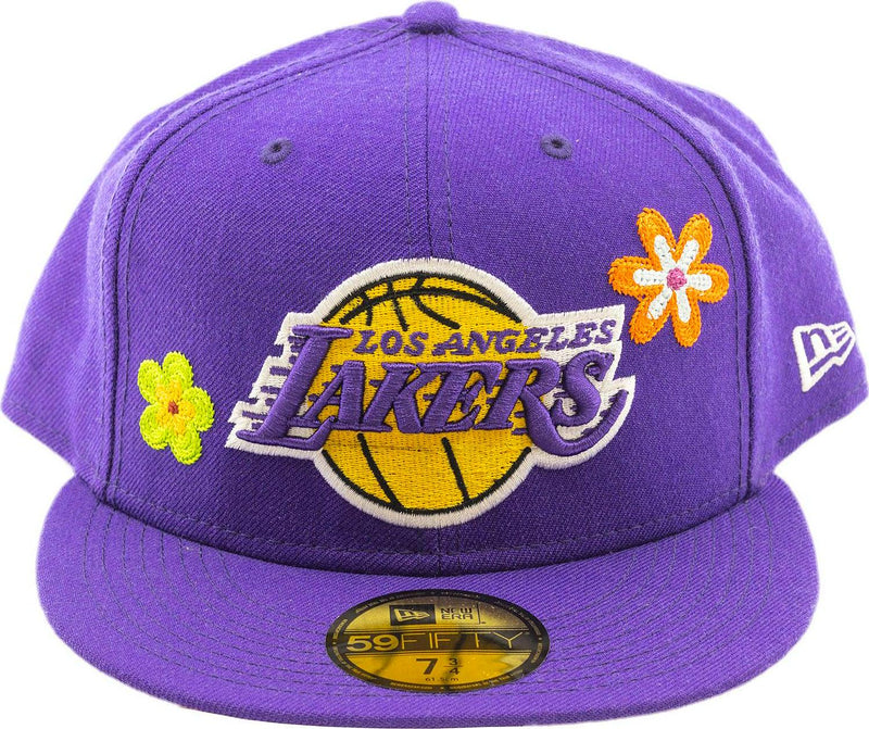 New Era LA Lakers Floral Purple Yellow White 59Fifty 5950 Patch Fitted Cap Hat