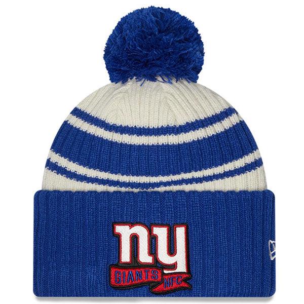 New Era NY Giants '22 Sideline Sport Cream Royal Blue Cuffed Pom Knit Hat