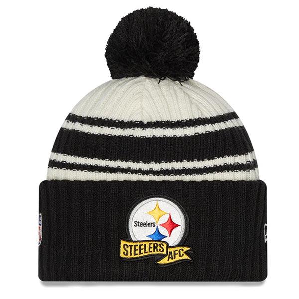 New Era Pittsburgh Steelers '22 Sideline Sport Cream Black Cuffed Pom Knit Hat