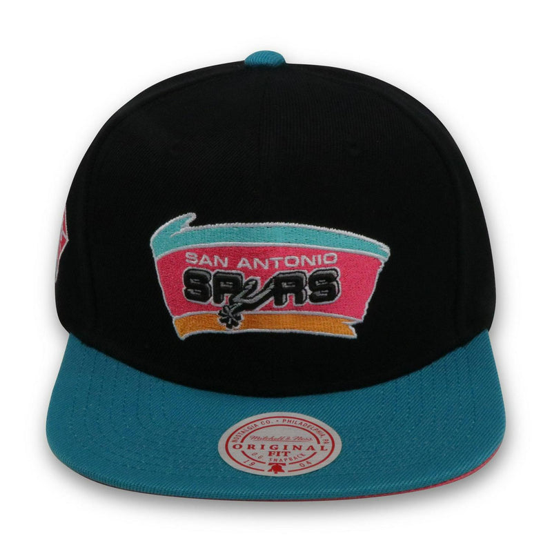 Mitchell And Ness SAN ANTONIO SPURS 75TH ANNI BLACK TEAL PINK Patch Snapback Hat