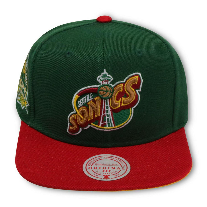 Mitchell And Ness SEATTLE SUPERSONICS 40TH ANNI GREEN RED YELLOW Patch Snapback