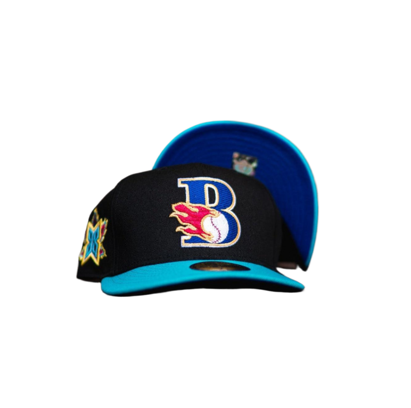 New Era Bakersfield Blaze Black Teal Royal Blue 59Fifty 5950 Patch Fitted Hat
