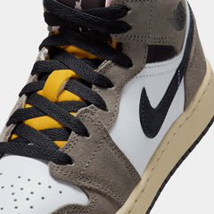 Air Jordan 1 Mid SE Grade School Lifestyle Shoes (White/Cave Stone/Dark Sulfur/Oil Grey)