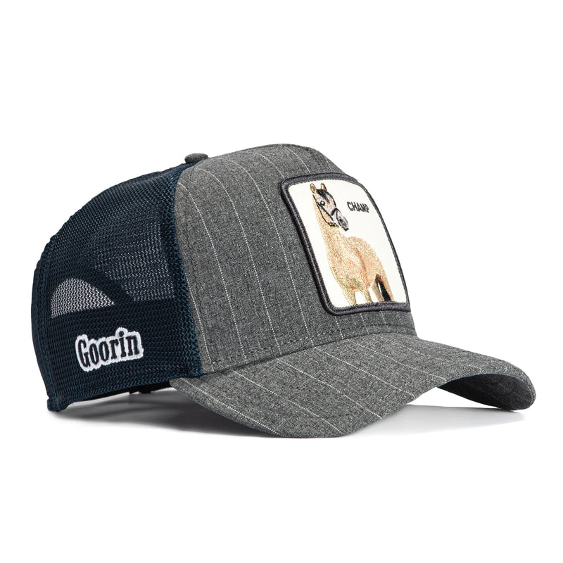 Goorin Bros Suited Champ Adjustable Trucker Snapback Hat - Graphite Pinstripe, Navy