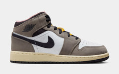Air Jordan 1 Mid SE Grade School Lifestyle Shoes (White/Cave Stone/Dark Sulfur/Oil Grey)