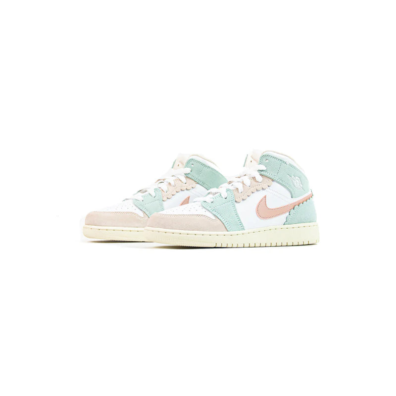 Kids Nike Air Jordan 1 Mid SE GS White Pink Oxford Jade Ice Blue Beige  Sneaker Shoe Trainer
