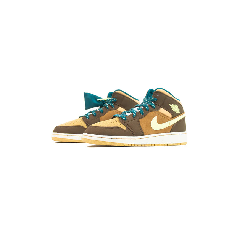 Kids Nike Air Jordan 1 Mid SE GS Cacao Wow Green Brown Beige Blue White Sneaker Shoe Trainer