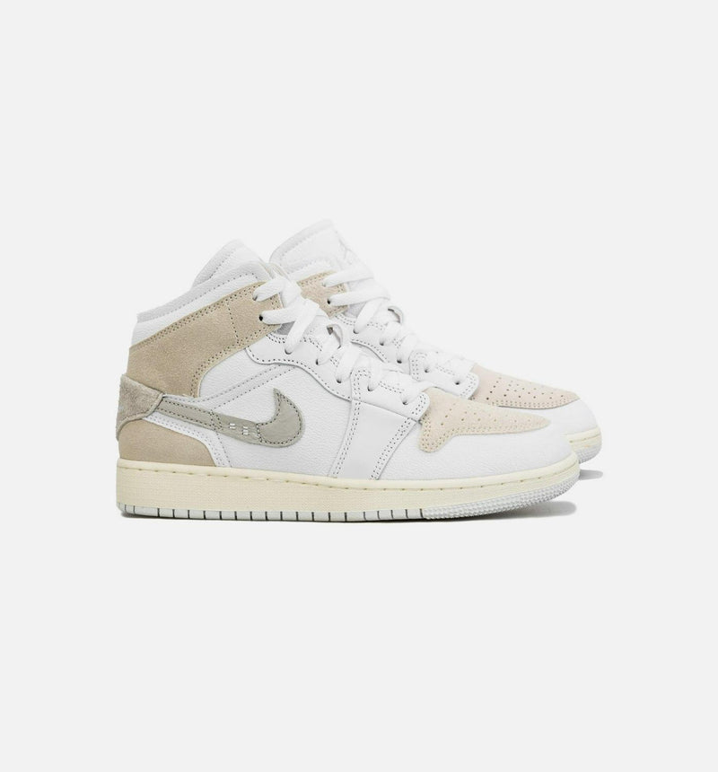 Kids Air Jordan 1 Mid SE Craft GS Grey Beige White FB9142-120 Sneaker Shoe