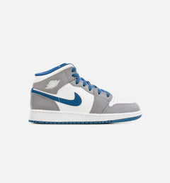 Kids Nike Air Jordan 1 Mid True Blue GS Grey White DQ8423-014 Sneaker Shoe