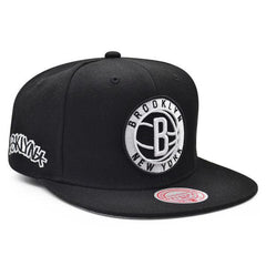 Mitchell And Ness Brooklyn Nets INVERTED LOGO Black White Gray Patch Snapback