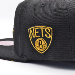 Mitchell And Ness Brooklyn Nets BHM Script Black Metallic Gold Snapback Cap Hat