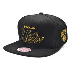 Mitchell And Ness Brooklyn Nets BHM Script Black Metallic Gold Snapback Cap Hat