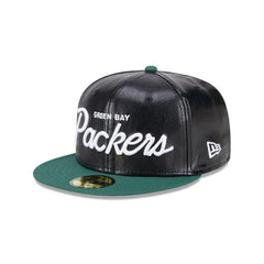 New Era Green Bay Packers Faux Leather Crown Black Green 59Fifty 5950 Fitted Hat