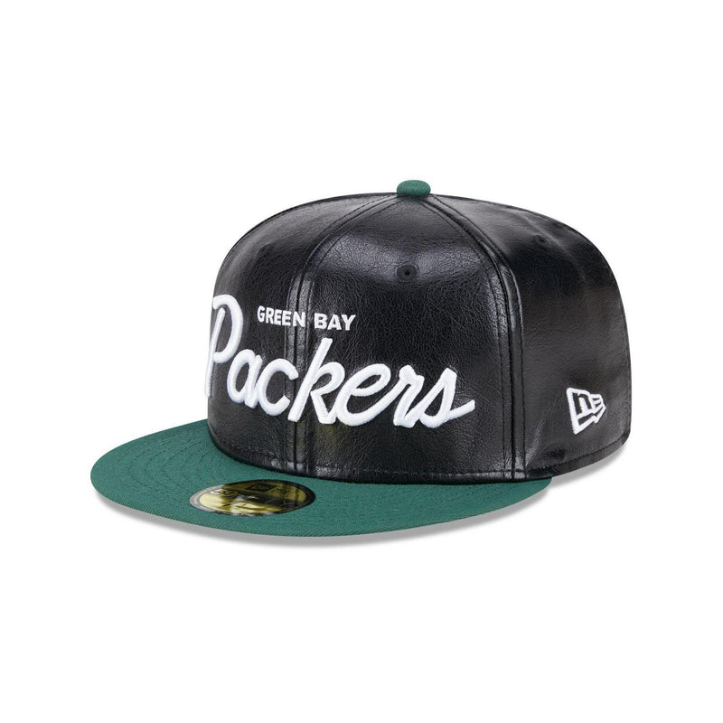 New Era Green Bay Packers Faux Leather Crown Black Green 59Fifty 5950 Fitted Hat
