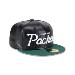 New Era Green Bay Packers Faux Leather Crown Black Green 59Fifty 5950 Fitted Hat