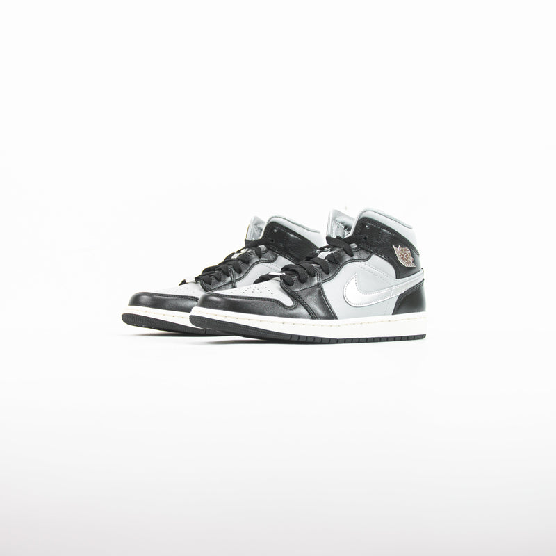 Wmns Nike Air Jordan 1 Mid SE Black Metallic Silver White Black Sneaker Shoe Trainer