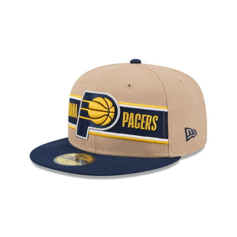 New Era Indiana Pacers '24 Draft Beige Blue Gray 59Fifty 5950 Patch Fitted Hat