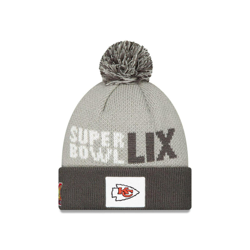 New Era Kansas City Chiefs Super Bowl LIX Sideline Grey White Red Pom Knit Hat