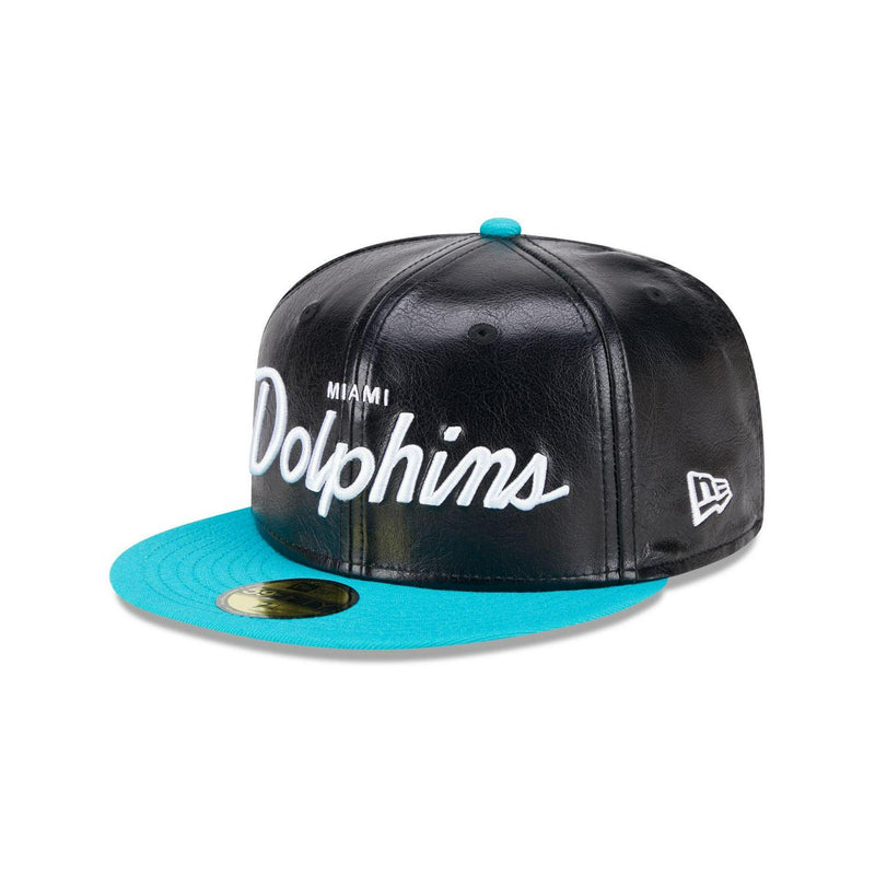 New Era Miami Dolphins Faux Leather Crown Black Blue Green 59Fifty 5950 Fitted
