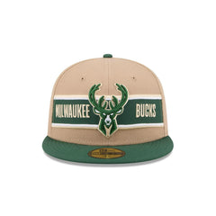 New Era Milwaukee Bucks '24 Draft Beige Green Gray 59Fifty 5950 Patch Fitted Hat