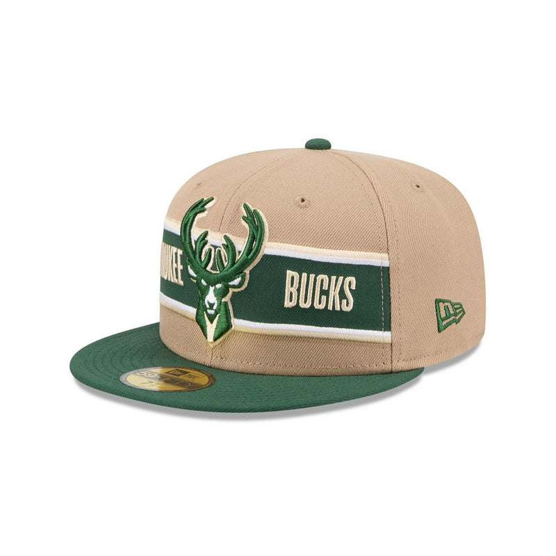 New Era Milwaukee Bucks '24 Draft Beige Green Gray 59Fifty 5950 Patch Fitted Hat