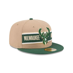 New Era Milwaukee Bucks '24 Draft Beige Green Gray 59Fifty 5950 Patch Fitted Hat
