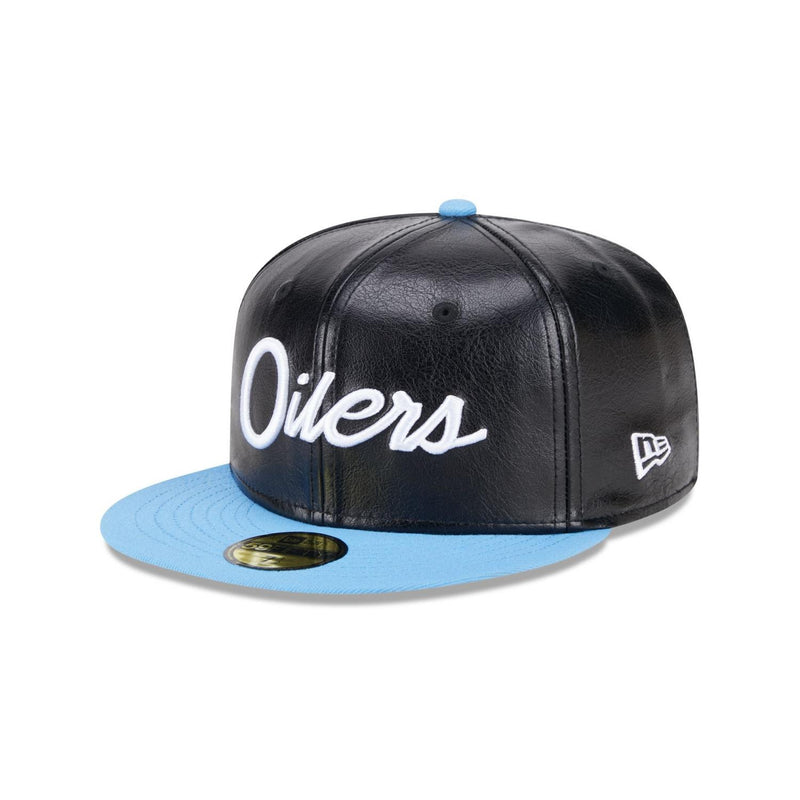 New Era Oilers Faux Leather Crown Black Sky Blue Green 59Fifty 5950 Patch Fitted