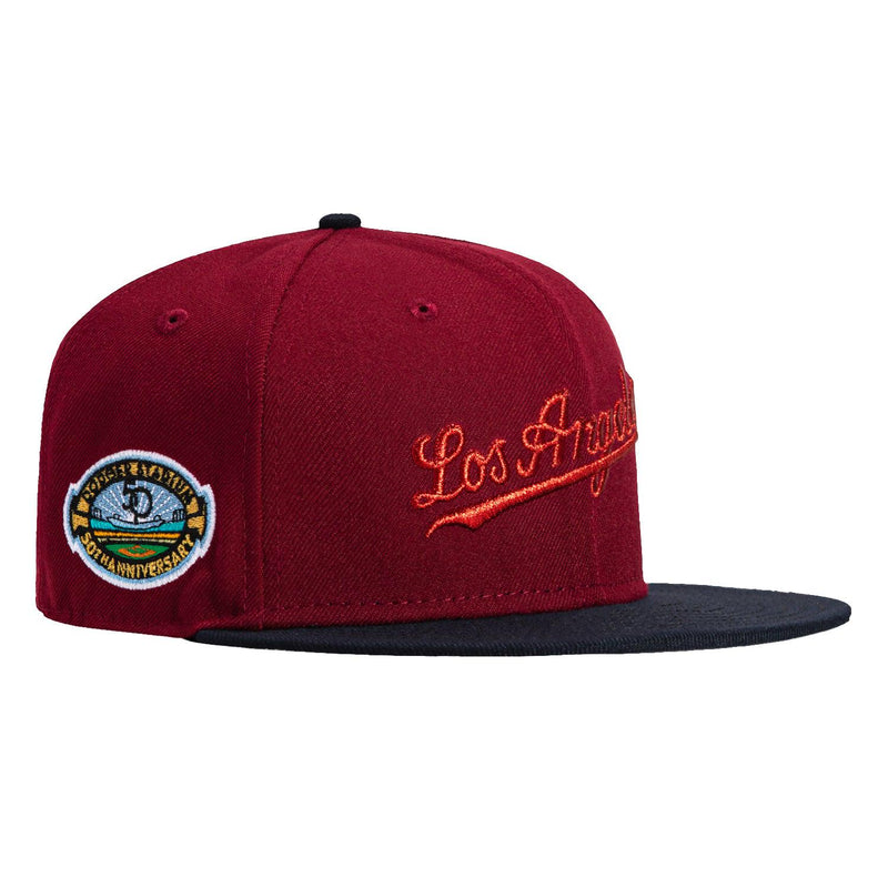 New Era LA Dodgers 50th Anni Cardinal Navy Gray 59Fifty 5950 Patch Fitted Hat