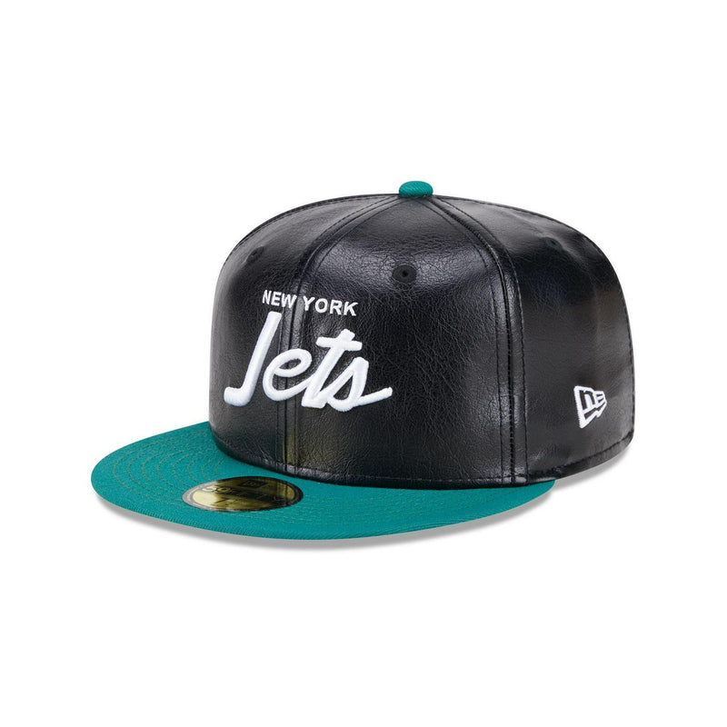 New era NY Jets Faux Leather Crown Black Green 59Fifty 5950 Patch Fitted Cap Hat