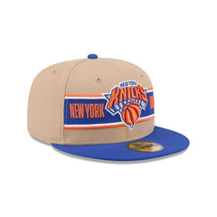 New Era NY Knicks '24 Draft Beige Blue Gray 59Fifty 5950 Patch Fitted Cap Hat