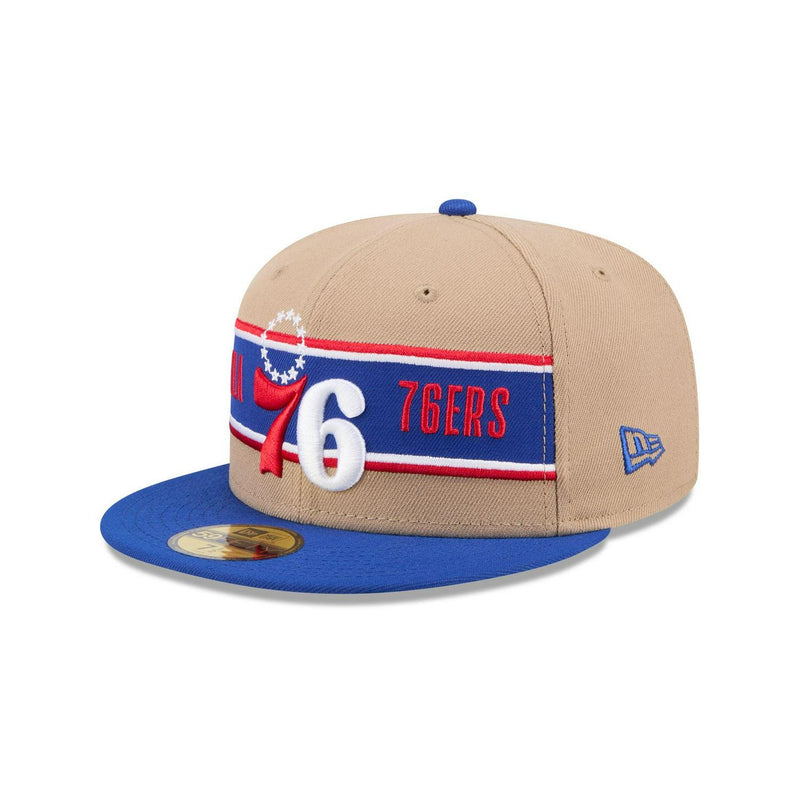 New Era Philadelphia 76ers '24 Draft Beige Blue Gray 59Fifty 5950 Patch Fitted