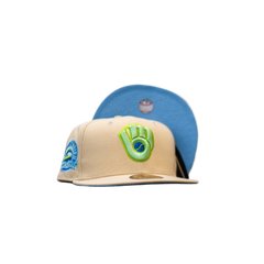 New Era Milwaukee Brewers Vegas Gold Sky Blue 59Fifty 5950 Patch Fitted Cap Hat