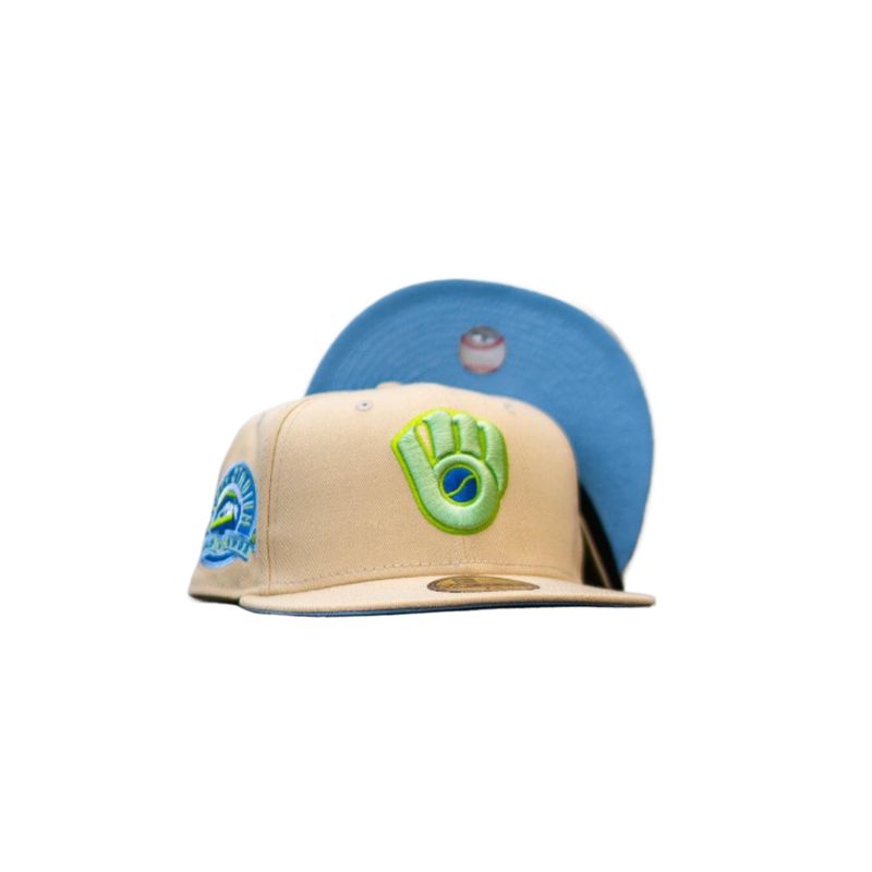 New Era Milwaukee Brewers Vegas Gold Sky Blue 59Fifty 5950 Patch Fitted Cap Hat